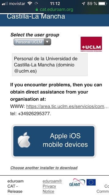 Pantalla iOS para descarga del perfil en eduroamCAT UCLM