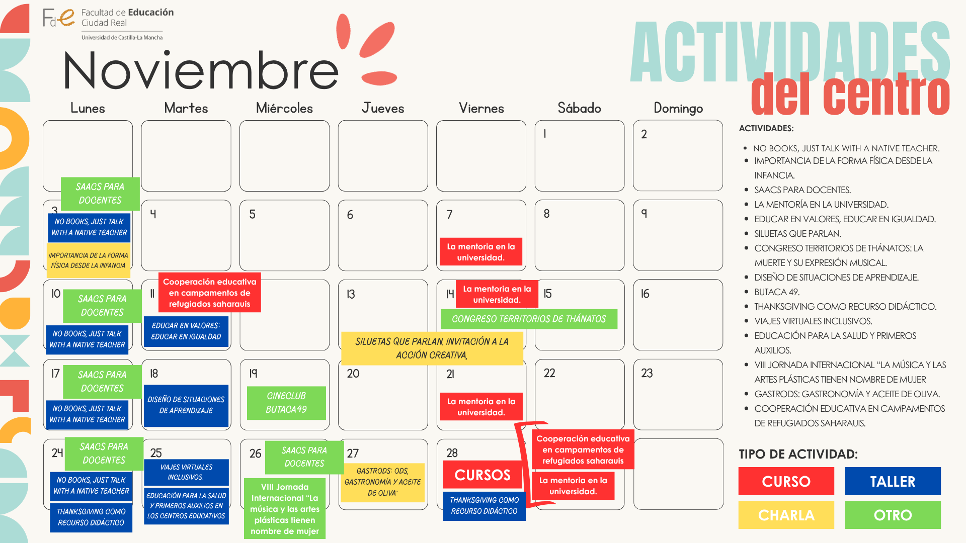 CALENDARIO CON LAS ACTIVIDADES DEL MES DE NOVIEMBRE