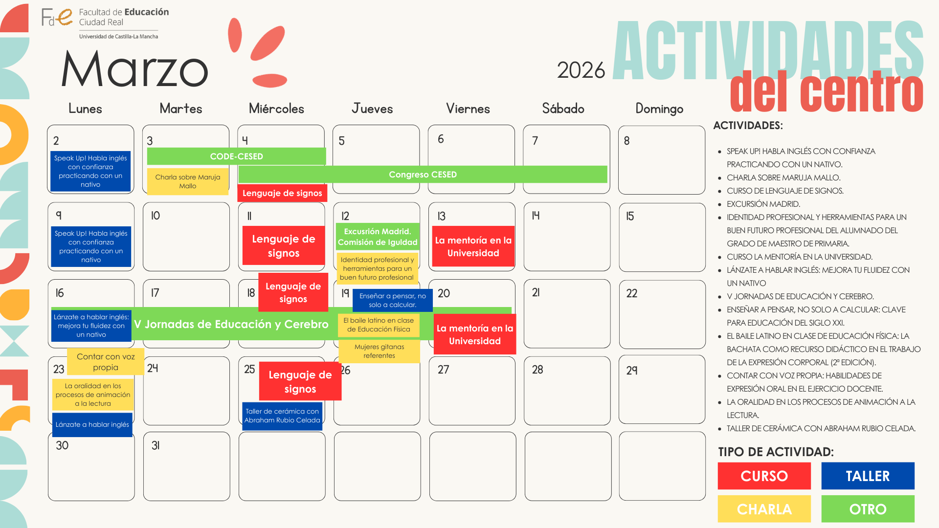 CALENDARIO CON LAS ACTIVIDADES DEL MES D
