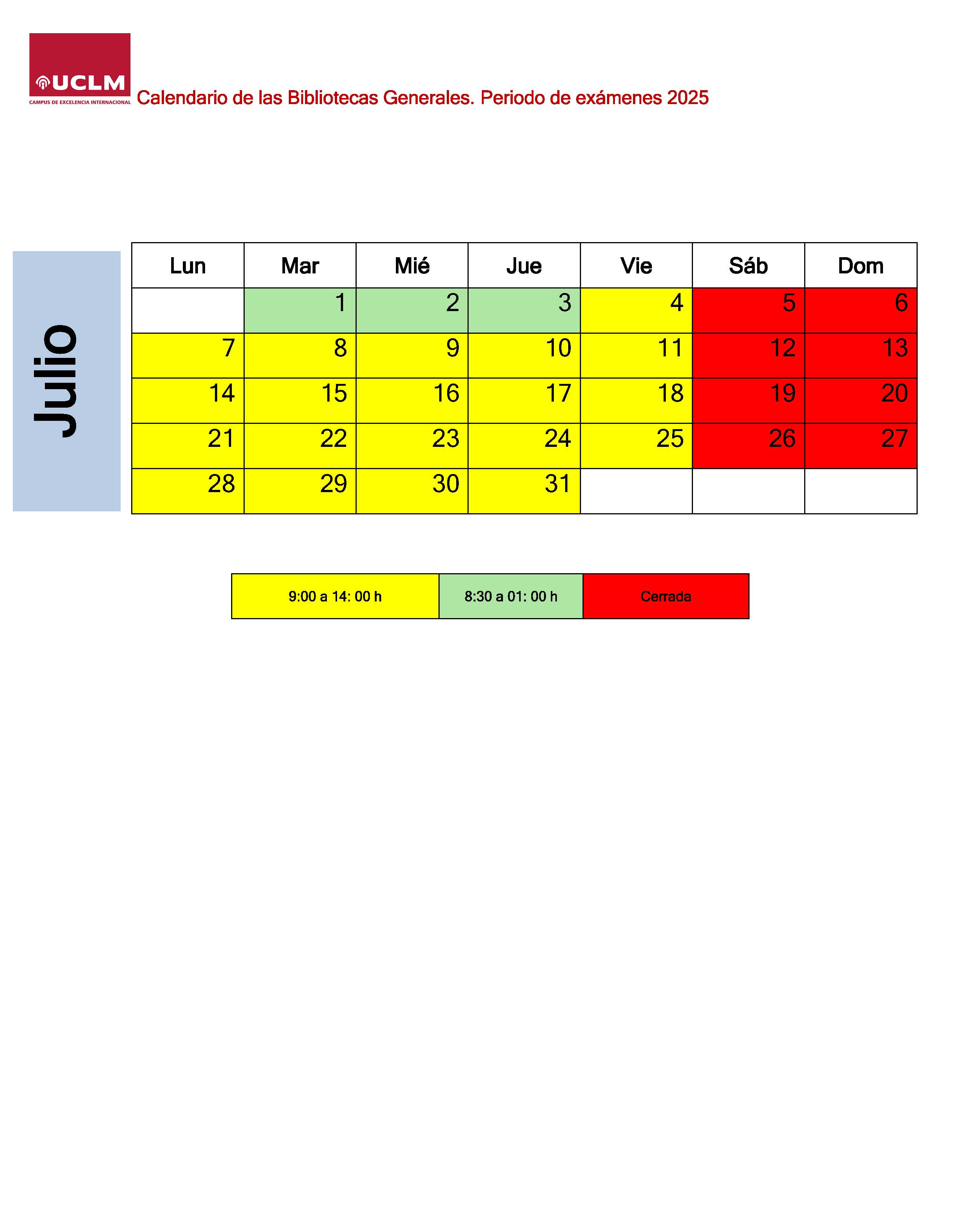 Calendario de apertura verano 2025 Bibliotecas Generales UCLM